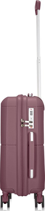 Compacte reiskoffer, harde schaal, met geïntegreerd TSA-slot voor veilige bagage tijdens vliegreizen.