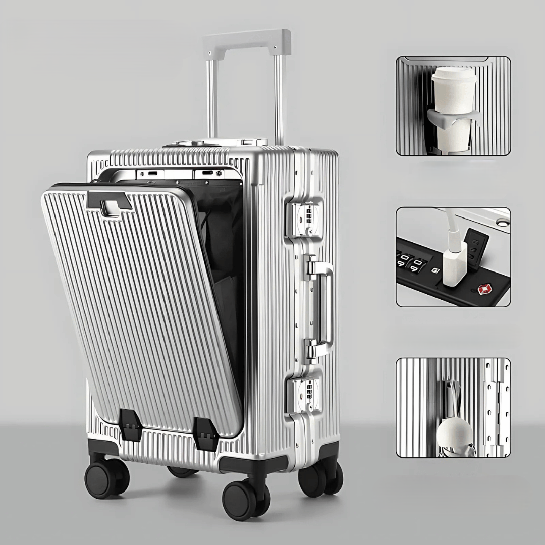 Harde handbagage koffer klaar voor vertrek, symbool van efficiëntie en slim reizen.