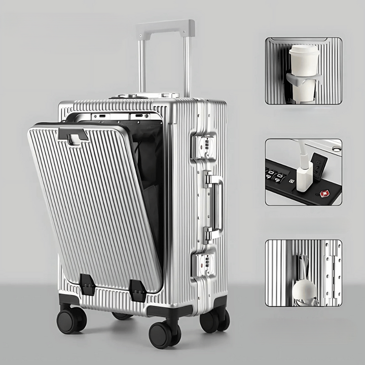 Harde handbagage koffer klaar voor vertrek, symbool van efficiëntie en slim reizen.