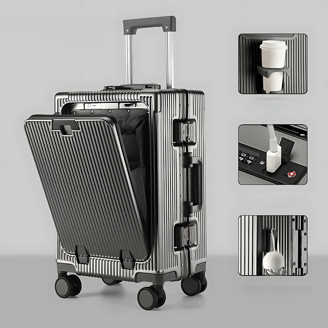Handbagage koffer met ingebouwde powerbank mogelijkheid, perfect voor lange zakenreizen.