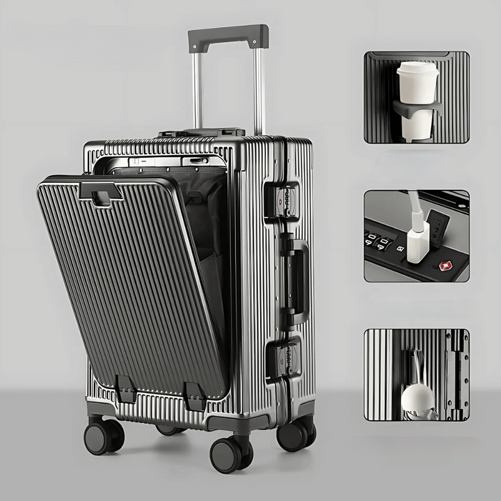 Handbagage koffer met ingebouwde powerbank mogelijkheid, perfect voor lange zakenreizen.