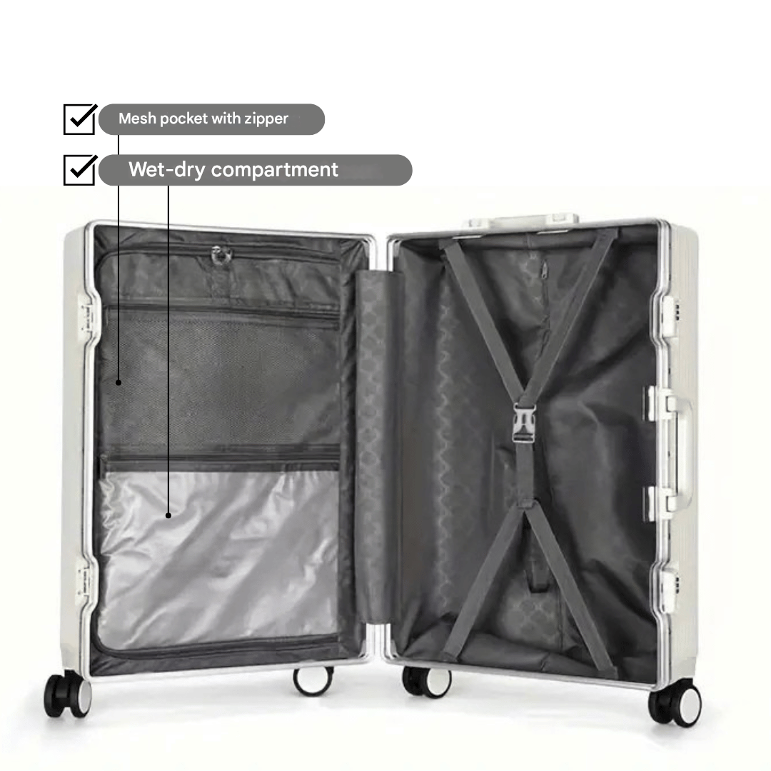 Handige handbagage koffer met geïntegreerde USB-oplaadpoort voor al je apparaten.