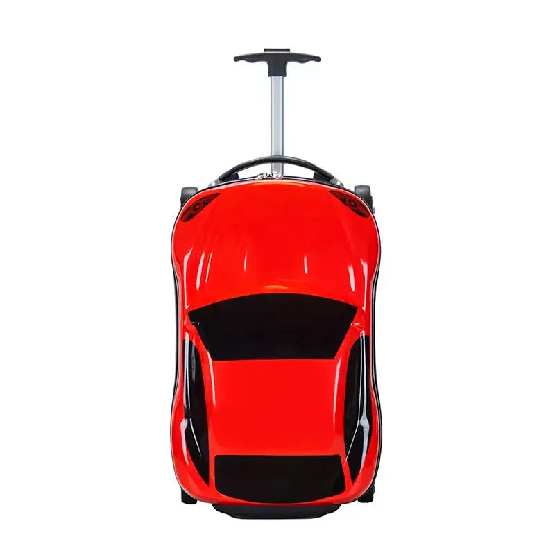 Plezierige kinderkoffer met rood auto-ontwerp, ideaal voor speelplezier onderweg.