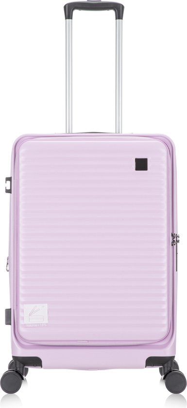 Robuuste zwarte reiskoffer met laptopvak, uitbreidbaar en voorzien van een TSA combinatieslot.