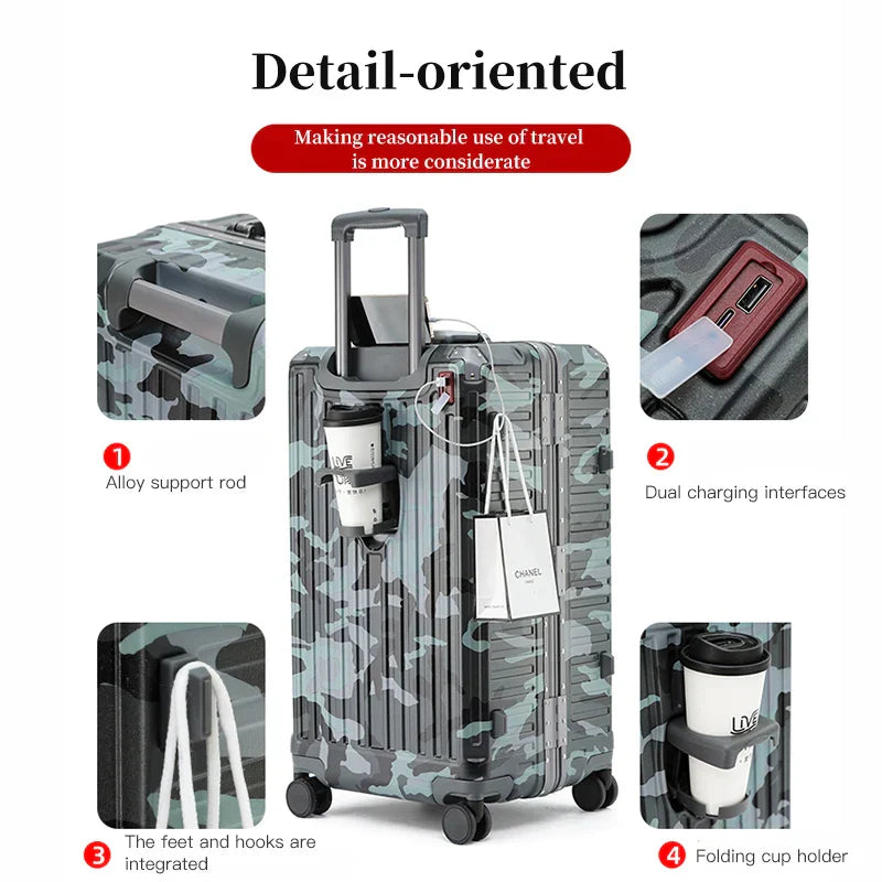 Duurzame harde koffer met breed aluminium frame, spinnerwielen en TSA slot, ideaal voor veilige vakantie.