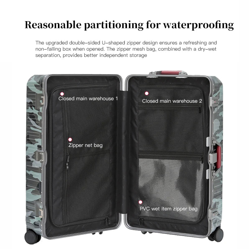 Robuuste harde koffer met aluminium frame en breed handvat, uitermate geschikt als duurzame bagage.