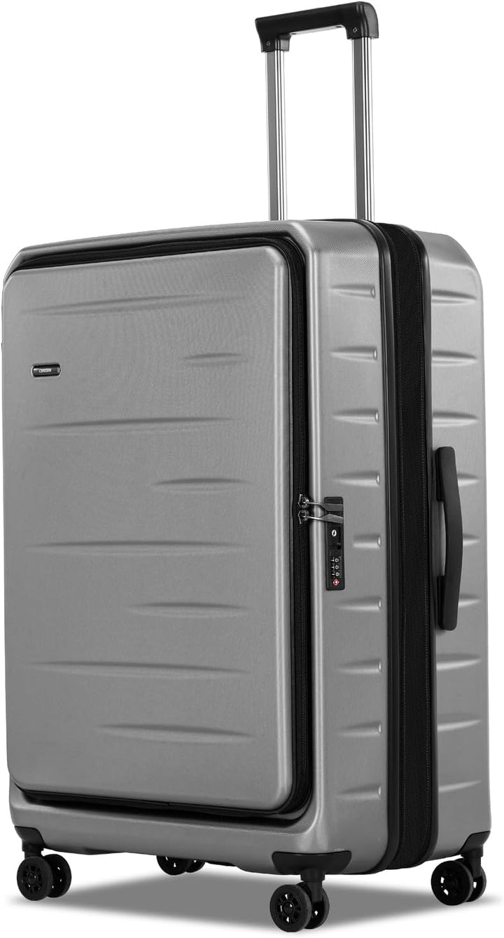 Zwarte uitbreidbare reiskoffer met hardshell, 4 spinnerwielen en geïntegreerd TSA-slot; perfect voor zakenreis.