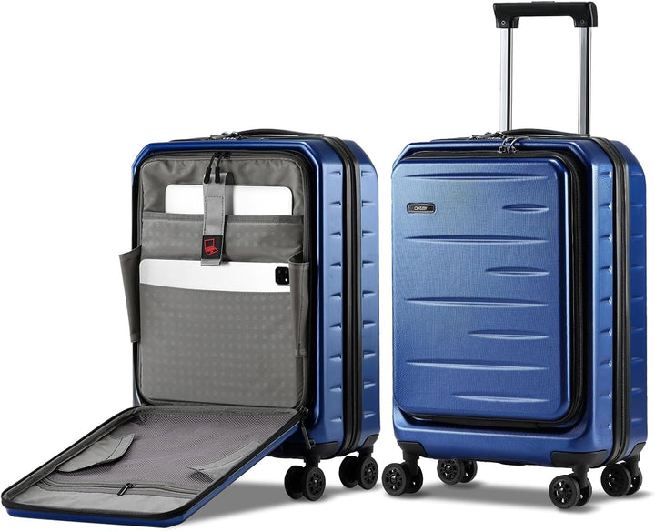 Handige voorklep op deze uitbreidbare koffer met harde schil en TSA-slot, voor snelle toegang tot essentials.