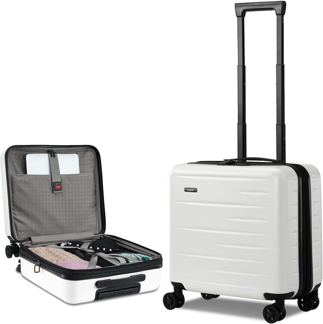 Handbagage trolley met voorklep, uitbreidbare functie, sterke hardshell en TSA-slot voor zorgeloos reizen.