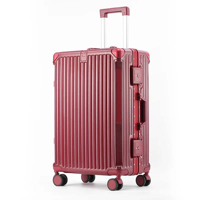 Grote harde reiskoffer met aluminium frame en geïntegreerd TSA-slot voor zorgeloze reizen.