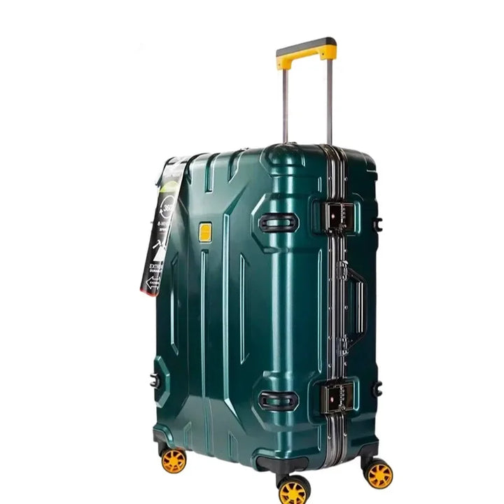 Hardschalen reiskoffer met versterkt aluminium frame, perfect voor duurzaam reizen.