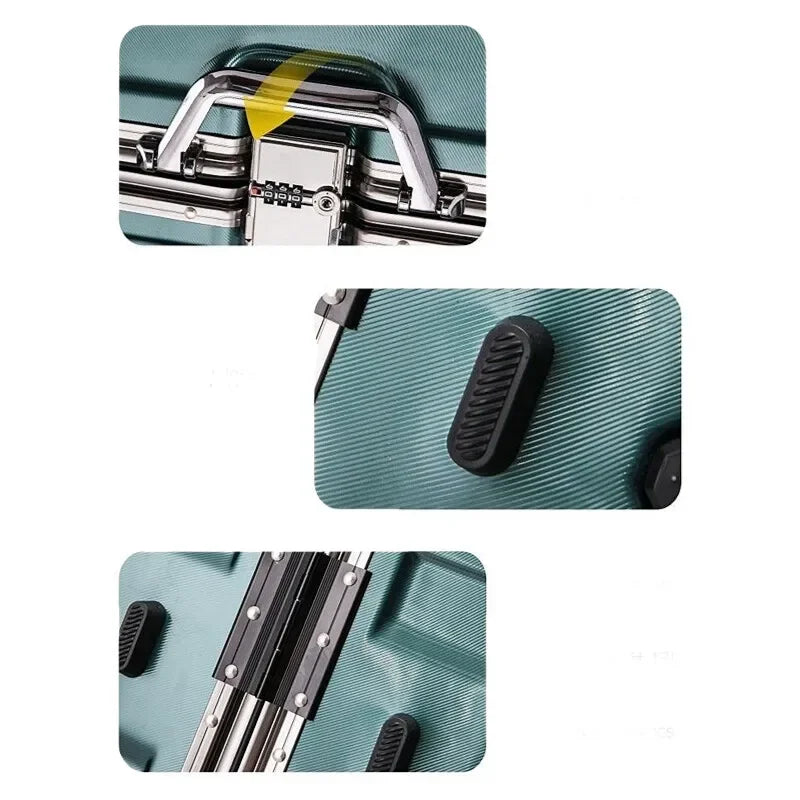 Compacte hardschalen handbagage koffer met versterkt aluminium frame voor korte trips.