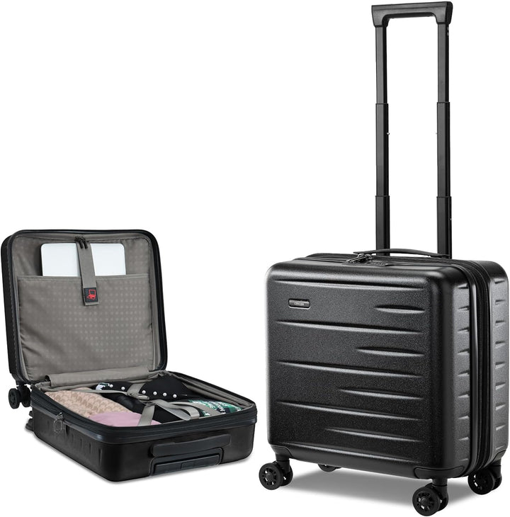 Gemakkelijk manoeuvreerbare handbagage koffer, uitbreidbaar, hardschalig, met voorvak en TSA-beveiliging.