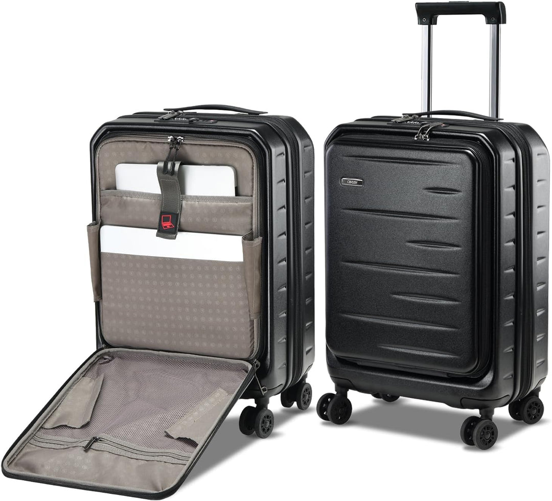 Praktische reisbagage: hardschalige, uitbreidbare koffer met TSA-slot, voorvak en stille spinnerwielen.