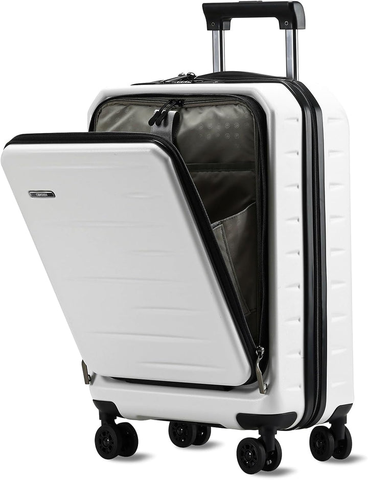 Uitbreidbare hardschalige handbagagekoffer op Schiphol, met voorvak en TSA-slot, klaar voor vertrek.