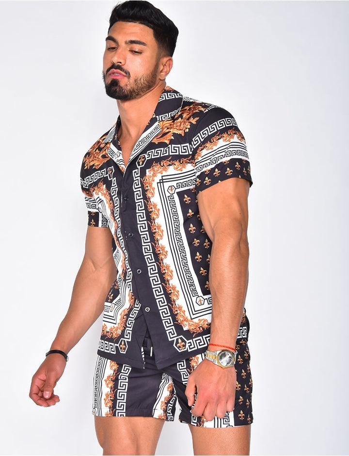 Complete Hawaiiaanse herenkledingset: lichtblauw hemd en bijpassende donkerblauwe korte broek voor de zomer.