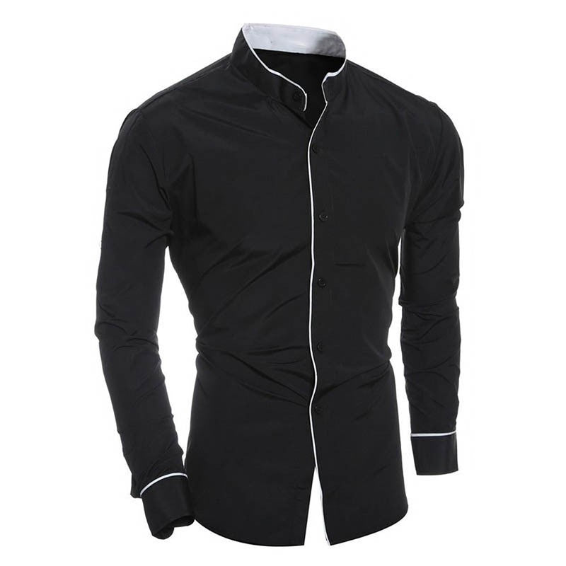 Zwart slim-fit heren overhemd met staande kraag en contrasterende biezen