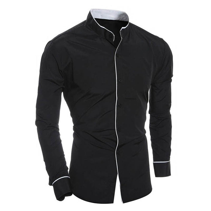 Zwart slim-fit heren overhemd met staande kraag en contrasterende biezen