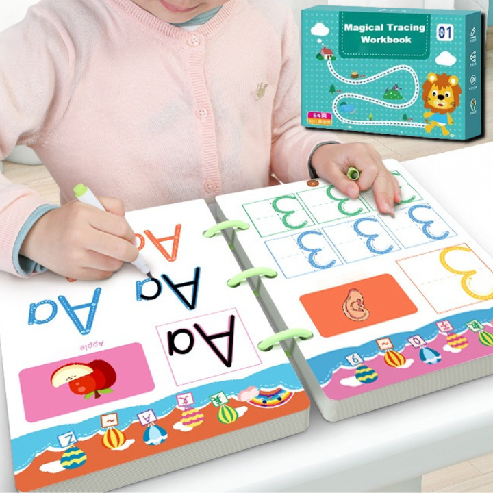 Herbruikbaar educatief schrijfboek voor kinderen; leer en oefen letters, cijfers & vormen met plezier.