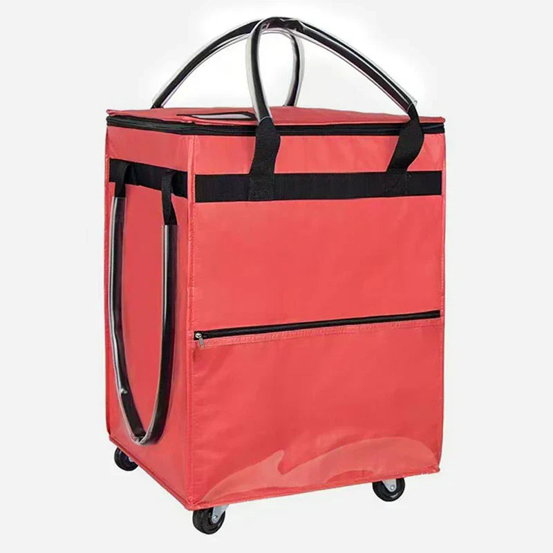 Lege opvouwbare winkelwagen met wielen, klaar om gevuld te worden met je wekelijkse boodschappen.