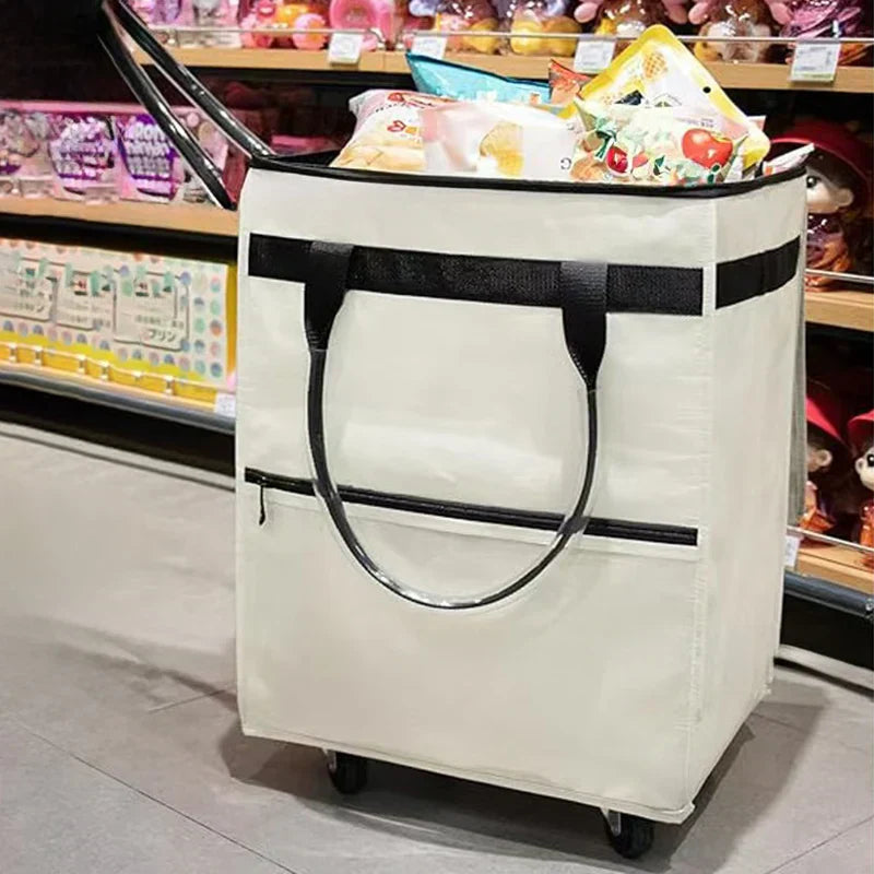 Opvouwbare boodschappentrolley met wielen, biedt gemak en comfort tijdens het winkelen.