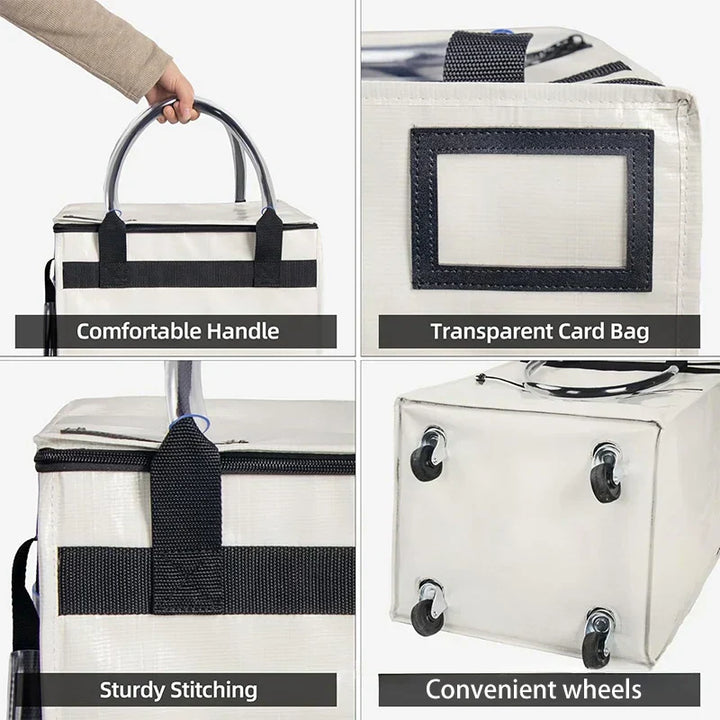 Compact opvouwbare boodschappentrolley met wielen, makkelijk op te bergen na gebruik.