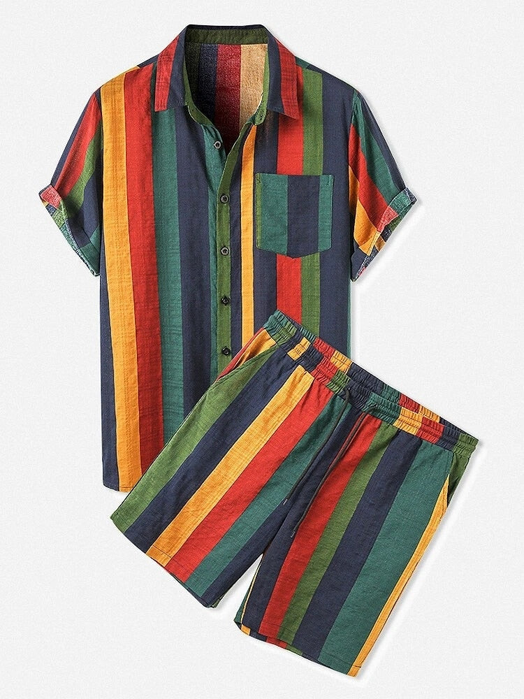 Heren 2-delige zomerset: luchtig en comfortabel gestreept T-shirt met bijpassende korte broek voor casual dagen.