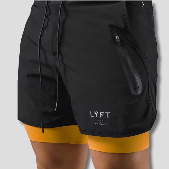 Heren 2-in-1 sportbroek met compressie binnenlaag, ideaal voor hardlopen en fitness, sneldrogend en ademend.