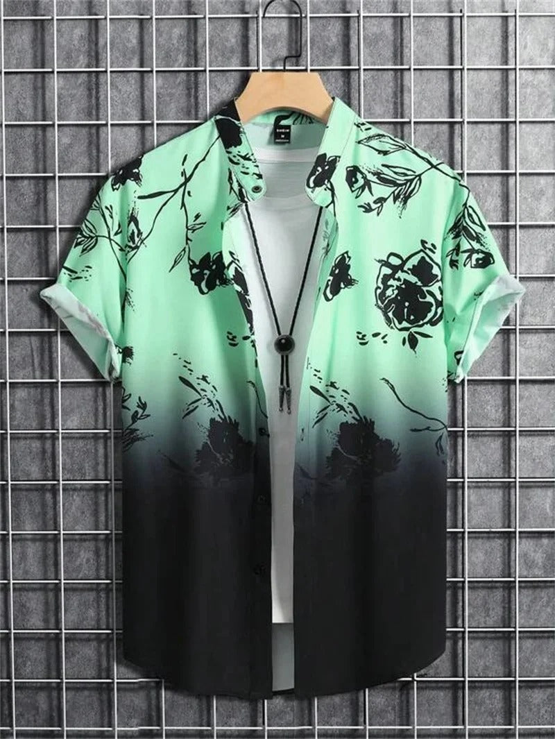 Heren overhemd met korte mouw, 3D bloemenprint, ideaal voor een trendy casual look.