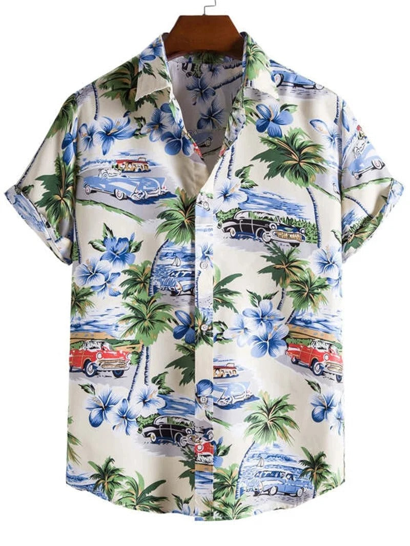 Model draagt trendy Hawaii shirt, 3D bloemenprint, perfect voor zomerse vakantie.