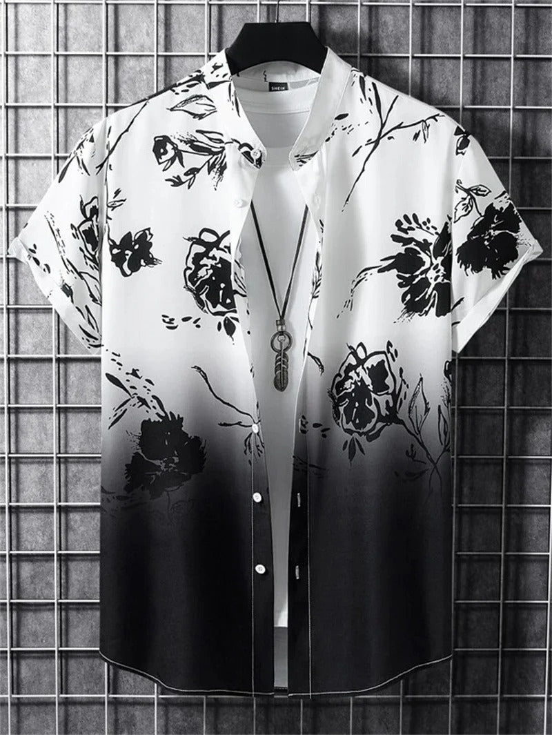 Kleurrijk bloemenprint overhemd voor heren, korte mouw, ontspannen vakantie outfit.