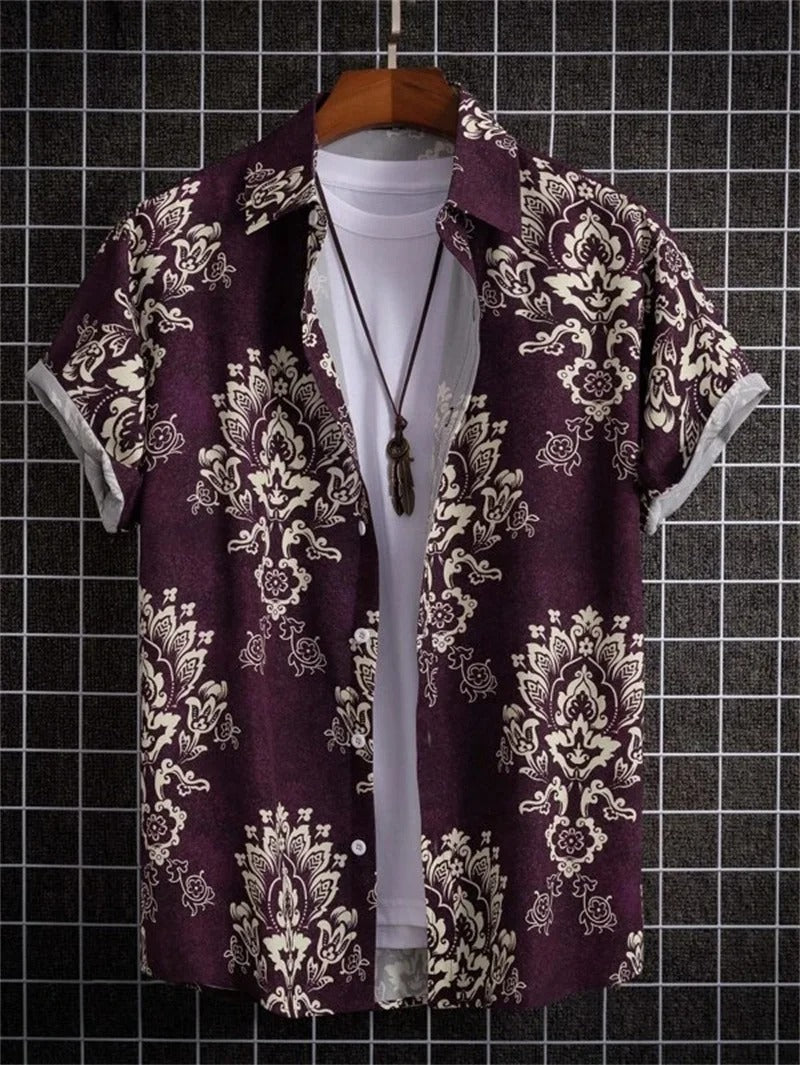 Detailopname van de unieke 3D bloemenprint op dit heren Hawaii overhemd.