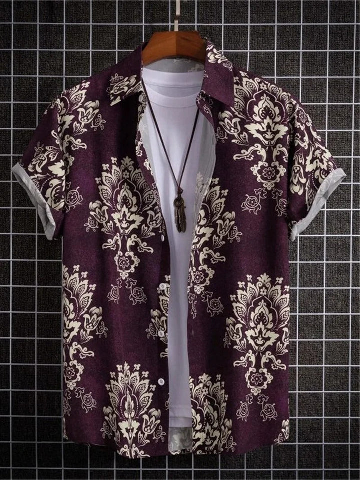 Detailopname van de unieke 3D bloemenprint op dit heren Hawaii overhemd.