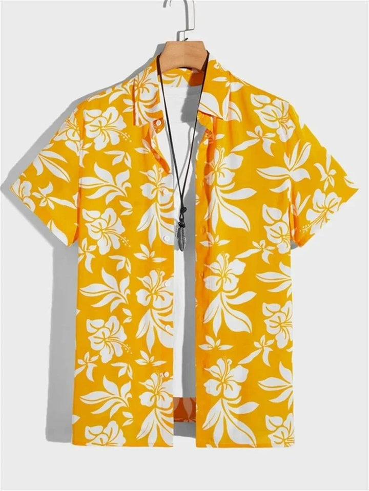 Hawaii overhemd met levendige kleuren en 3D bloemen, geschikt voor strandkleding.