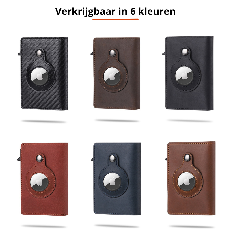 Detail van de mini portemonnee met zichtbaar Airtag vakje; veilige pasjeshouder voor heren.