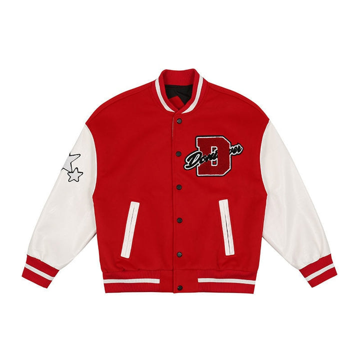 Zijzicht van het heren baseballjack, American Style, met ribboorden en drukknoopsluiting, stoer.