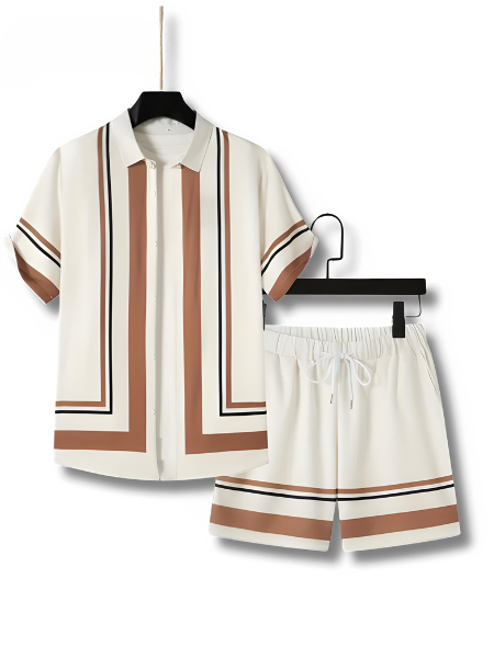 Heren beige gestreepte tweedelige zomer set Mateo. Casual shortset met kortemouwshirt voor comfortabele vrijetijd.