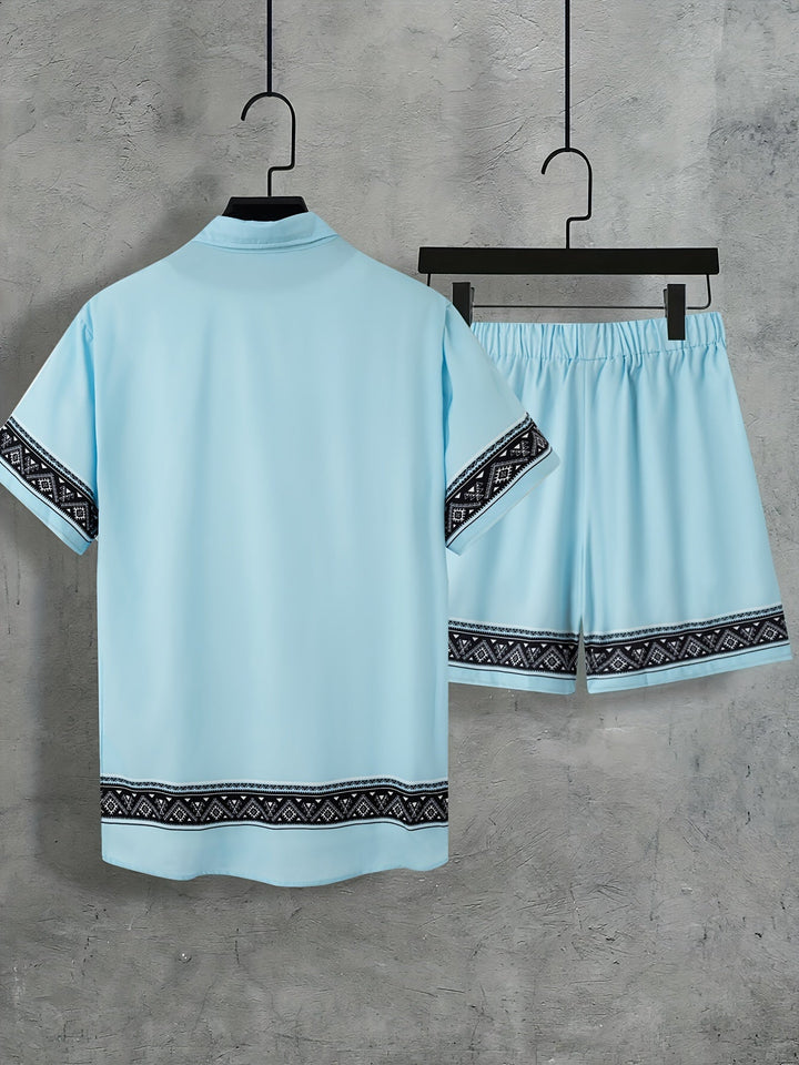 Comfortabele heren zomer outfit: boho shirt en shorts set voor vrije tijd en vakantie.