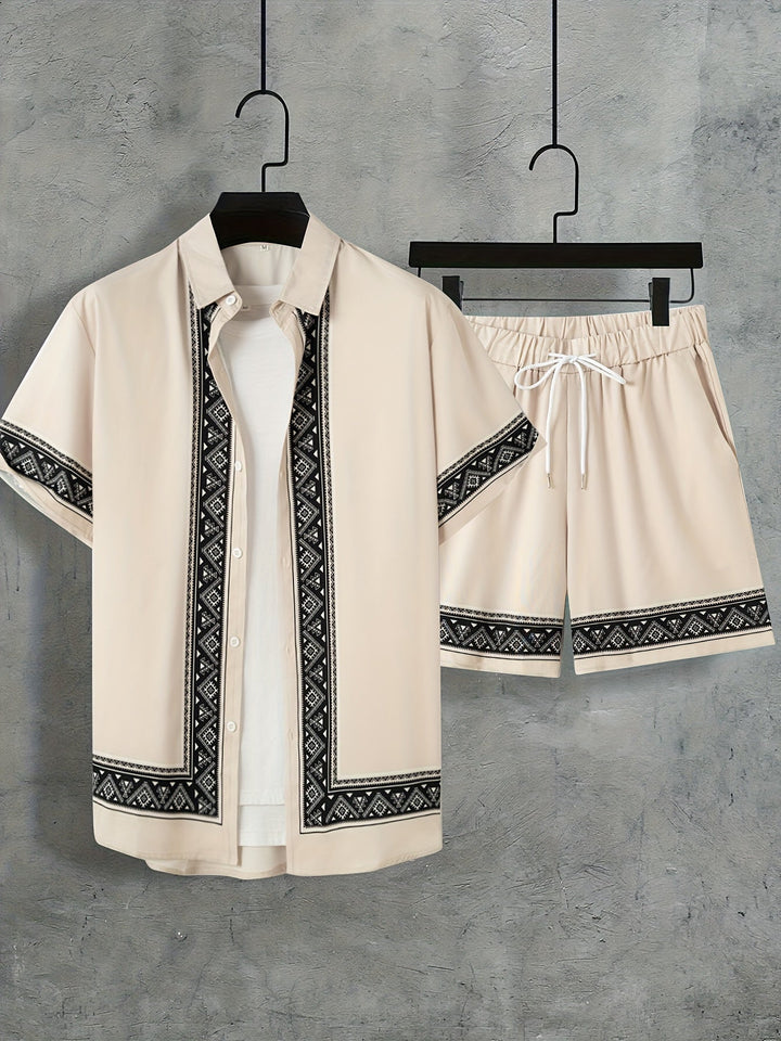 Vrijetijds heren boho set: comfortabel shirt en shorts, ideaal voor relaxte zomerdagen.