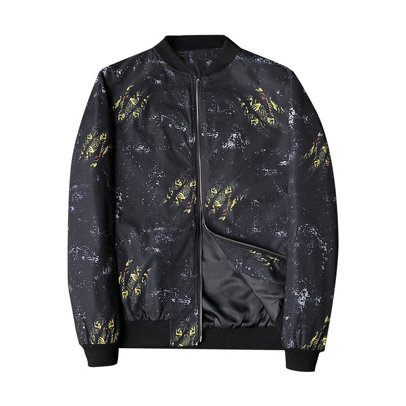 Modern herenjack met abstracte print, een trendy bomberjack voor lente en herfst.