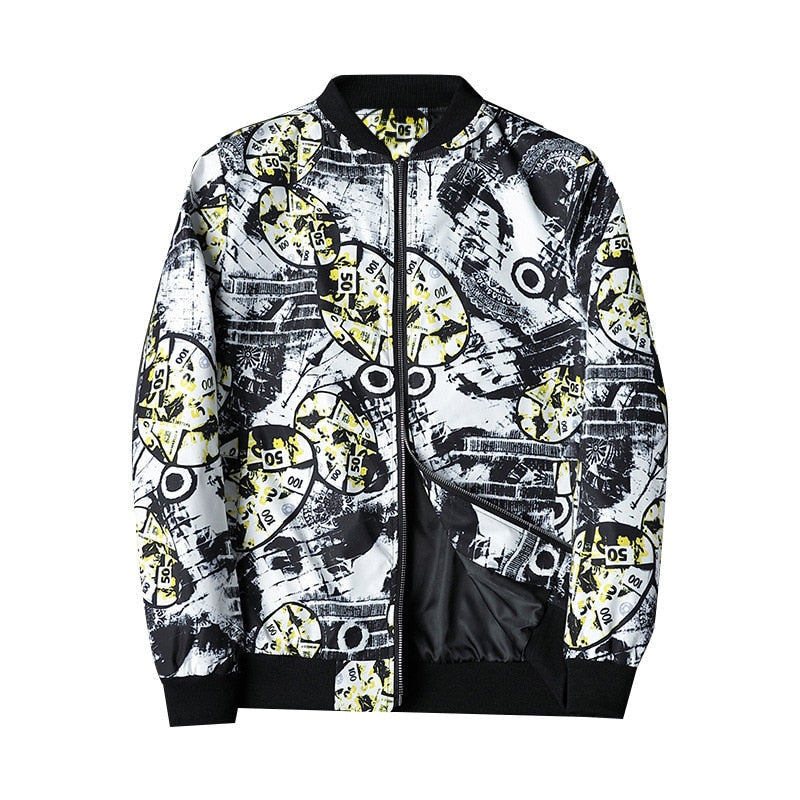 Grotematen heren bomberjack met opvallende abstracte print, voor een dynamische stijl.