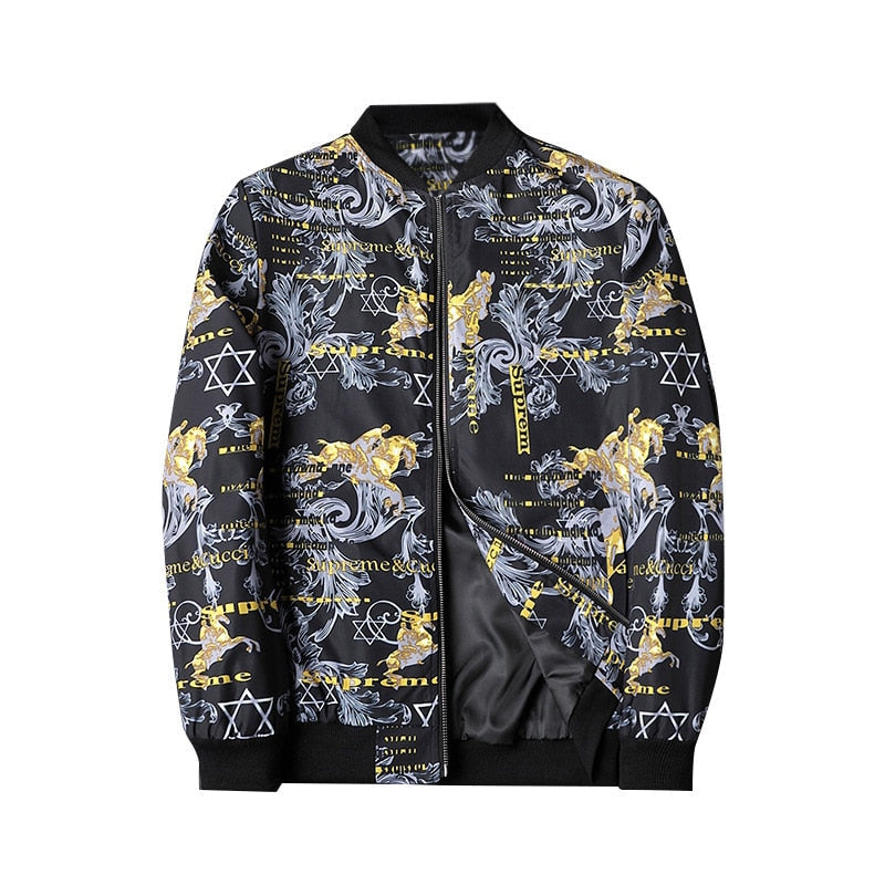 Uniek heren bomberjack met abstracte print, een eyecatcher in elke herengarderobe.