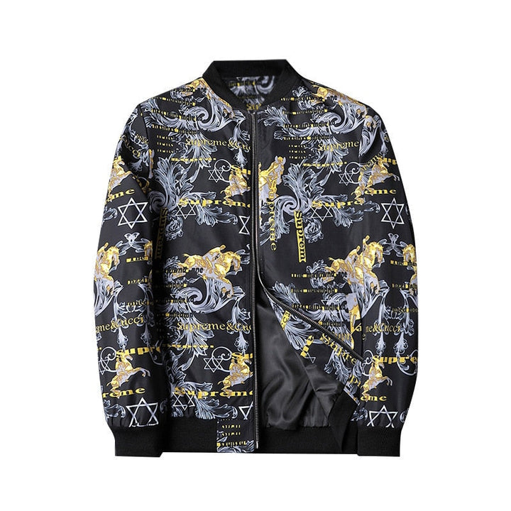 Uniek heren bomberjack met abstracte print, een eyecatcher in elke herengarderobe.