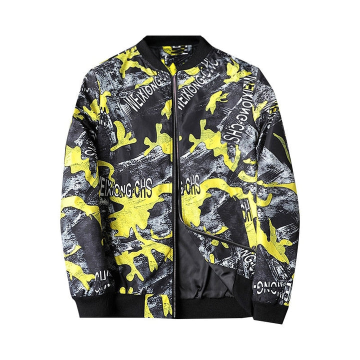 Stijlvol abstract bedrukt heren bomberjack, perfect voor een moderne streetwear outfit.