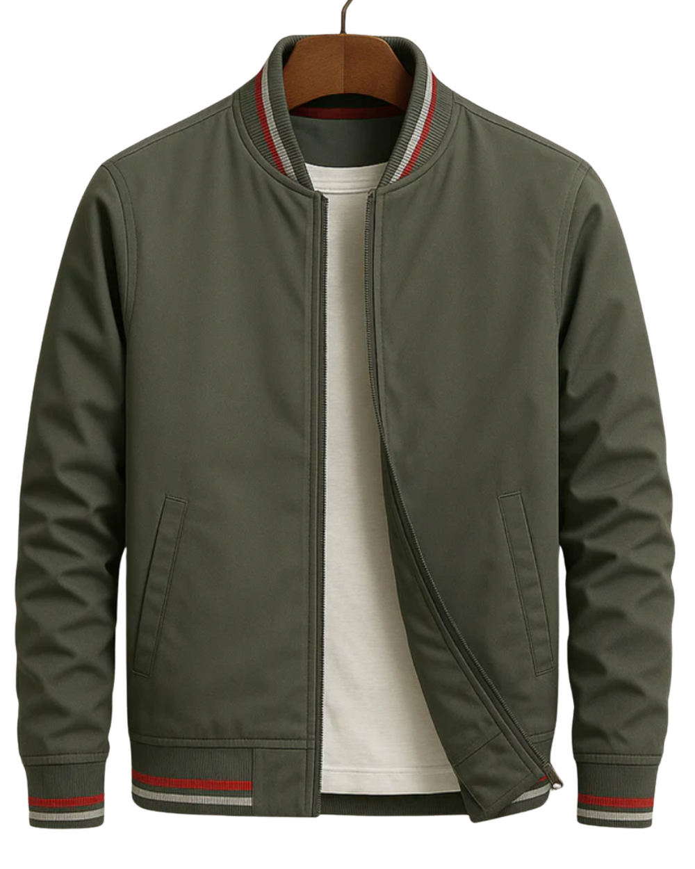 Detail van de handige ritssluiting op een modern heren bomberjack, perfect als sportieve jas.