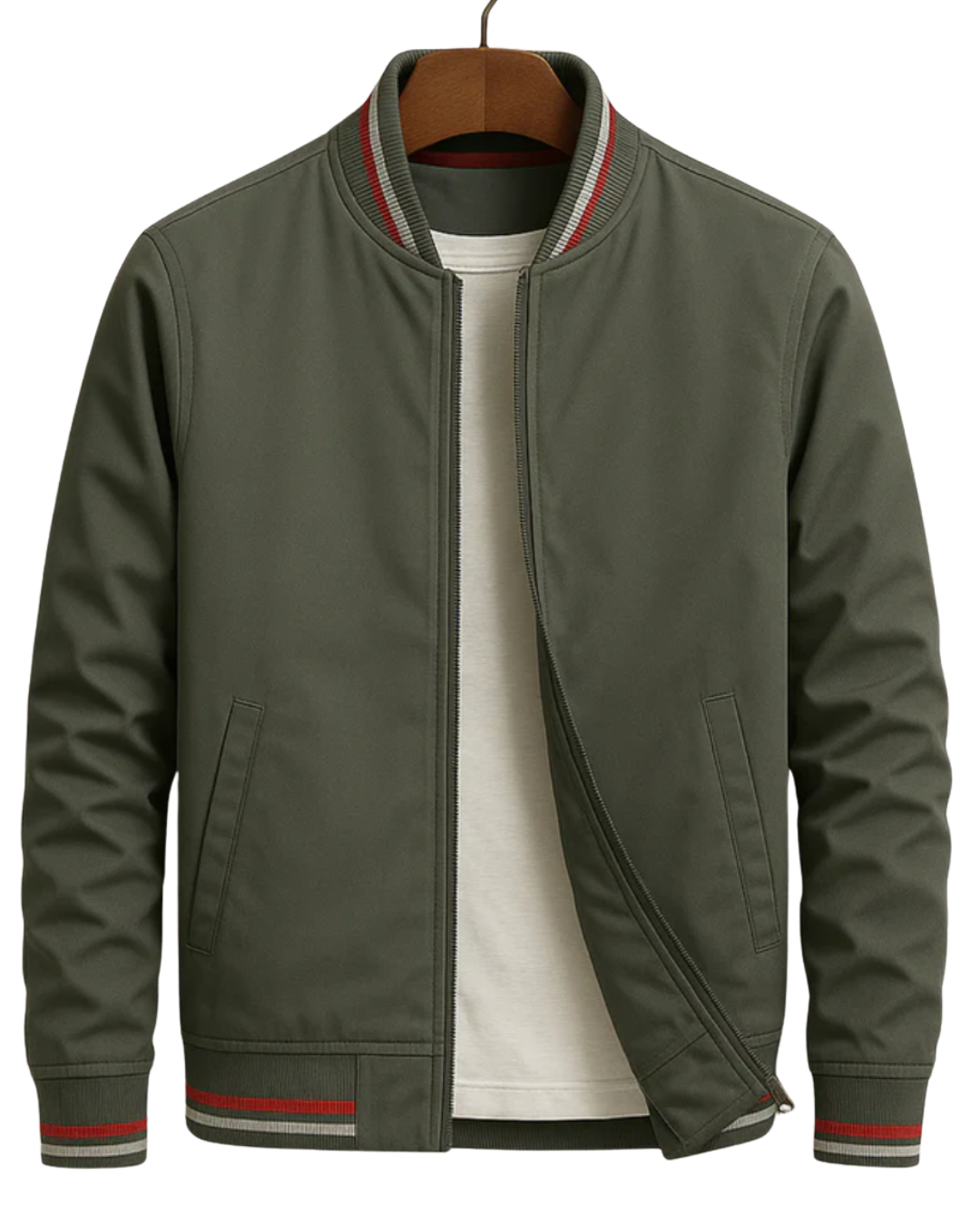 Detail van de handige ritssluiting op een modern heren bomberjack, perfect als sportieve jas.