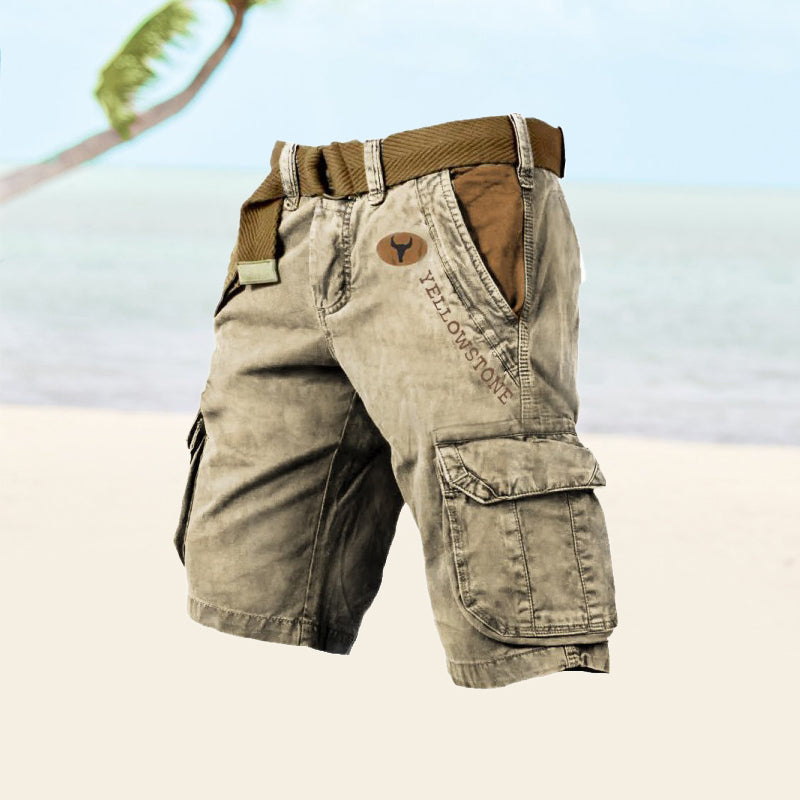 Close-up van de stevige stof van de heren cargo shorts Ethan, comfortabel en duurzaam.