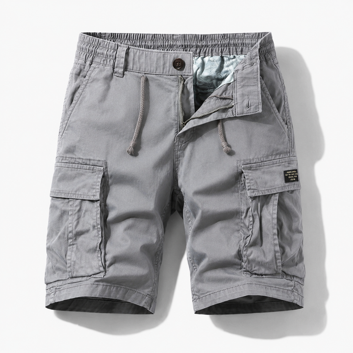 Grijze heren cargo shorts met zijzakken en verstelbaar trekkoord.