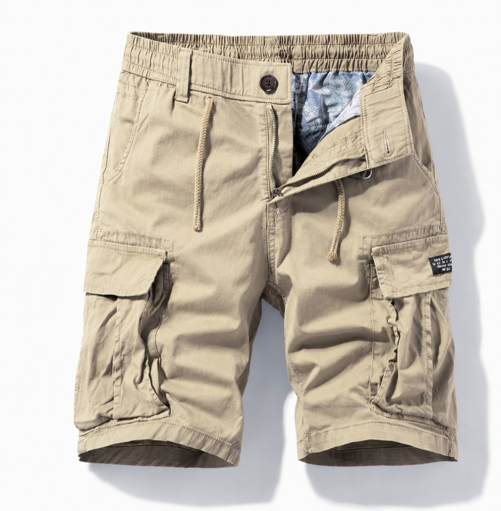 Khaki heren cargo shorts met elastische taille en open rits.