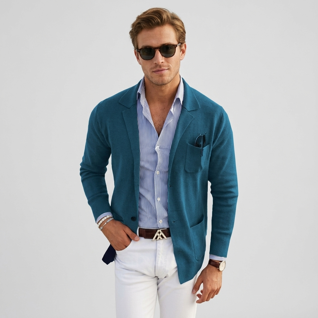 Heren blazer met knoopsluiting en klepzakken, stijlvol en praktisch voor herenkleding.